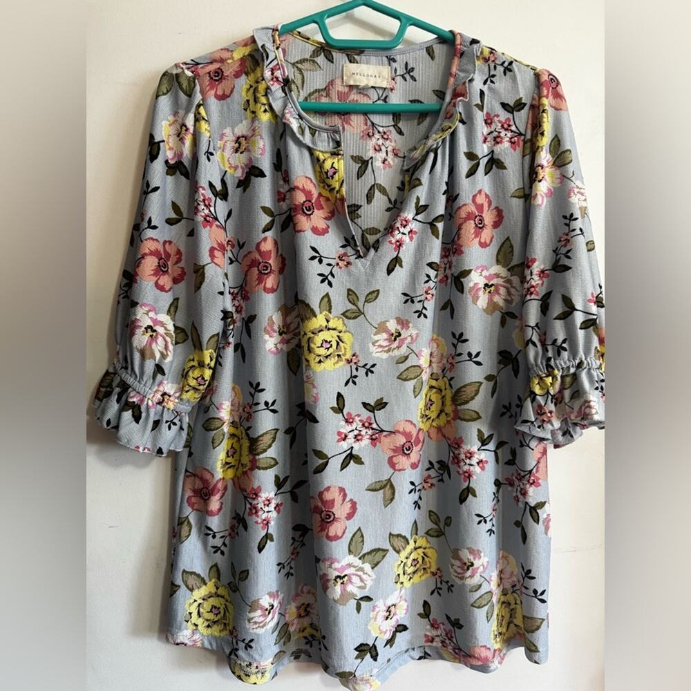 BRAND NEW Large Floral Blouse - Dusty Blue, Yellow & Pink, Ruffles
